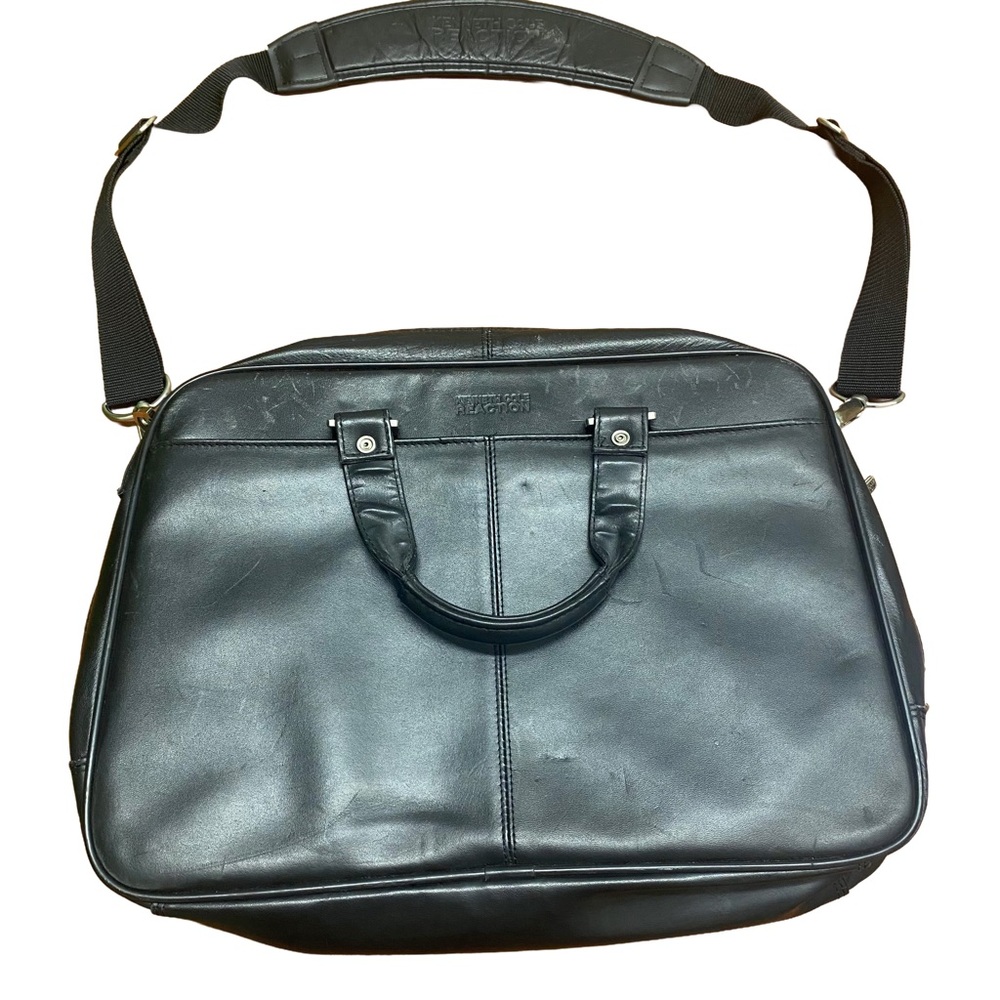 Kenneth Cole Reaction Black Leather Laptop Briefcase Shoulder Strap W/scratches